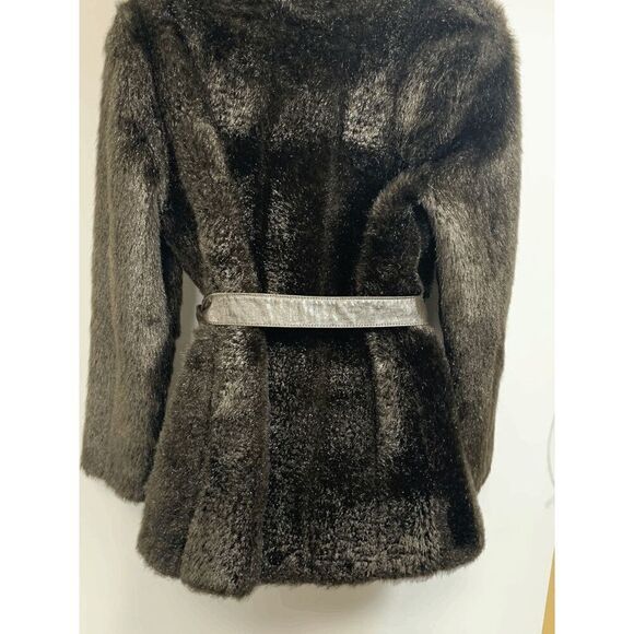 Vintage Women’s Faux Fur Leather Tie Front Shawl Coat Brown Size Medium - Picture 8 of 12
